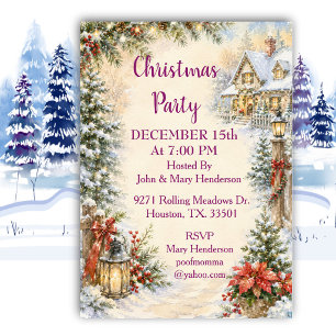 Cozy Watercolor Christmas Cottage Holiday Party Invitation