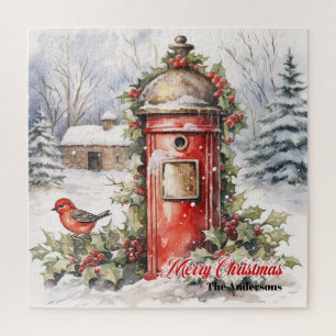 Cozy watercolor Christmas scene with Santa post Jigsaw Puzzle