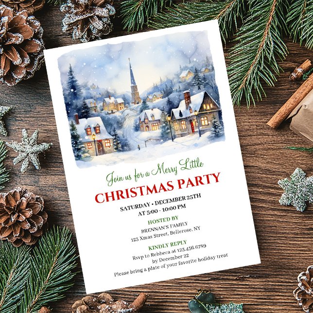 Cozy watercolor Christmas village holiday scene   Invitation (Cozy watercolor Christmas village holiday scene invite)
