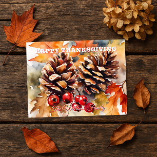 Cozy Watercolor Pine and Berry Thanksgiving Holiday Postcard