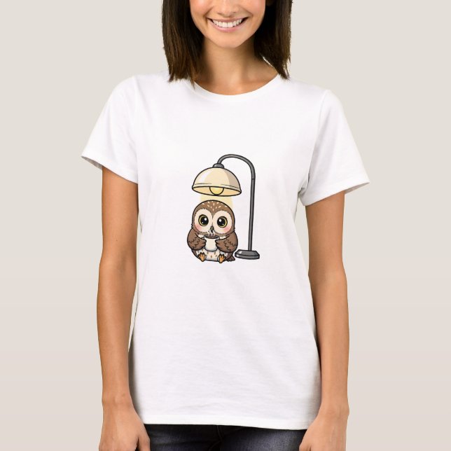 Cozy Wide-Eyed Owl Drinking Coffee Under Warm Lamp T-Shirt (Front)