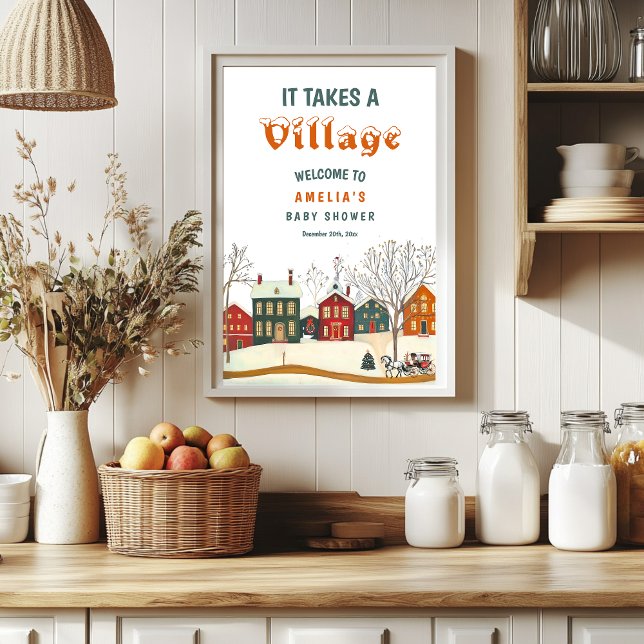 Cozy Winter Baby Shower Welcome Snowy Village Poster (Creator Uploaded)