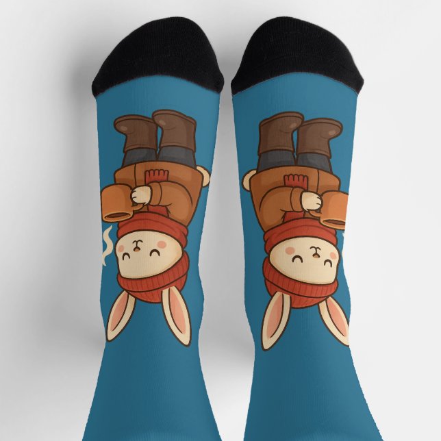 Cozy Winter Bunny Drinking Hot Cocoa Sticker Socks (Top)