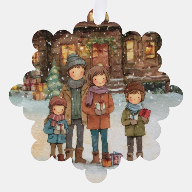 Cozy winter cabin in the woods tree decoration card (Front)