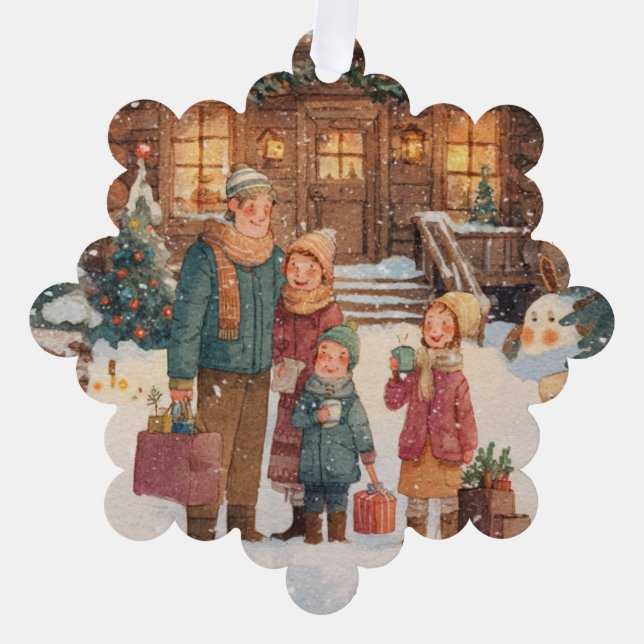 Cozy winter cabin in the woods tree decoration card (Front)