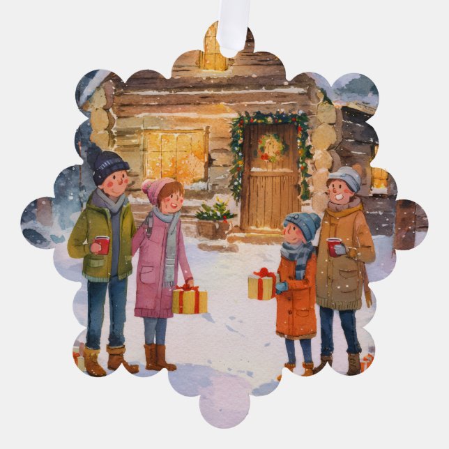 Cozy winter cabin in the woods tree decoration card (Front)