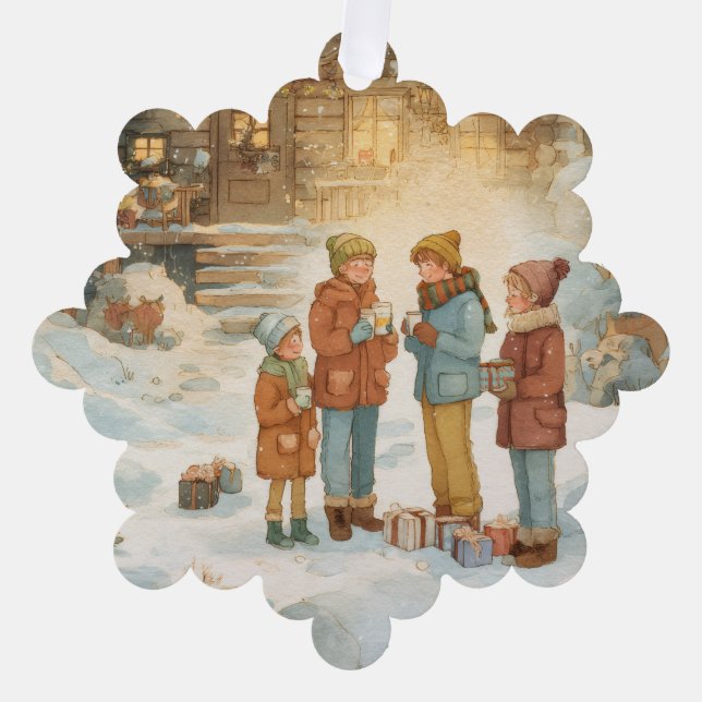 Cozy winter cabin in the woods tree decoration card (Front)