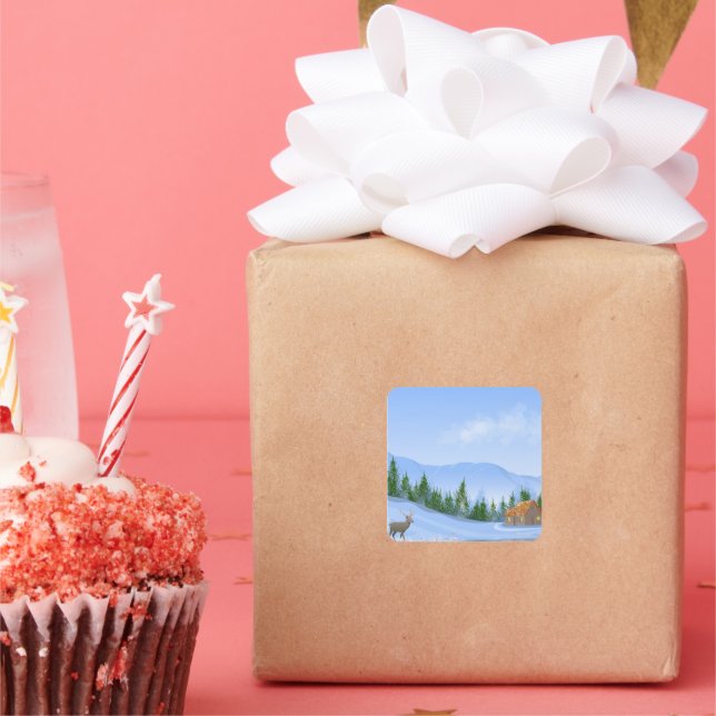 Cozy Winter Cabin Landscape with Deer Square Sticker (Party)