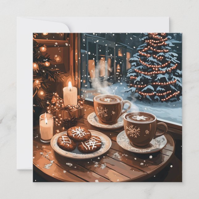 Cozy Winter Cafe with Hot Cocoa and Cookies Holiday Card (Front)