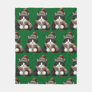 Cozy Winter Cat Cocoa Fleece Blanket