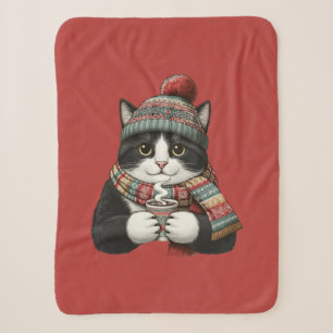 Cozy Winter Cat Cocoa Sherpa Blanket
