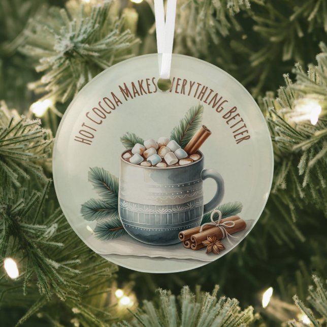 Cozy Winter Cocoa Marshmallow Scene Glass Tree Decoration (Insitu)