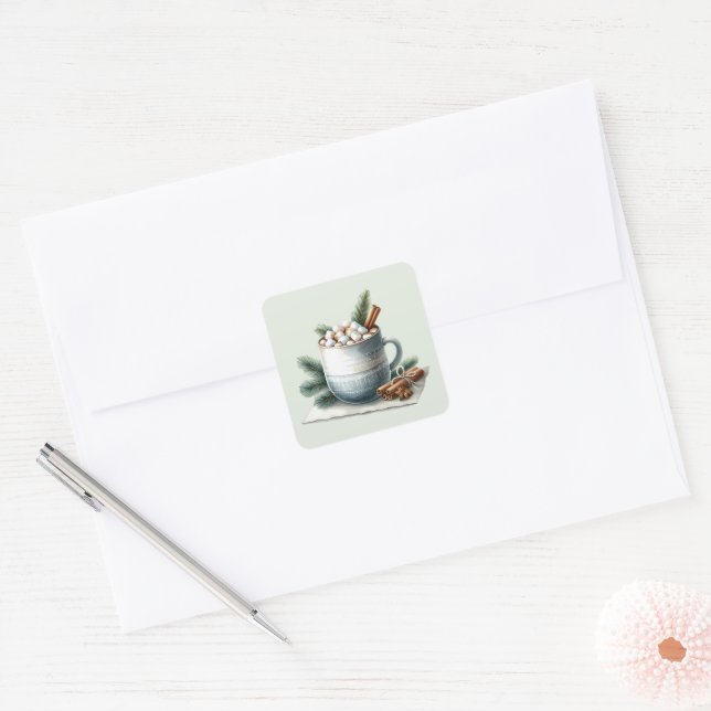 Cozy Winter Cocoa Marshmallow Scene Square Sticker (Envelope)