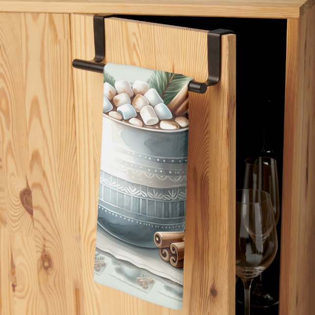 Cozy Winter Cocoa Marshmallow Scene Tea Towel (Thirds Fold)