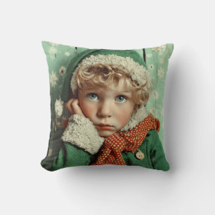 Cozy Winter Elf Child Portrait Cushion