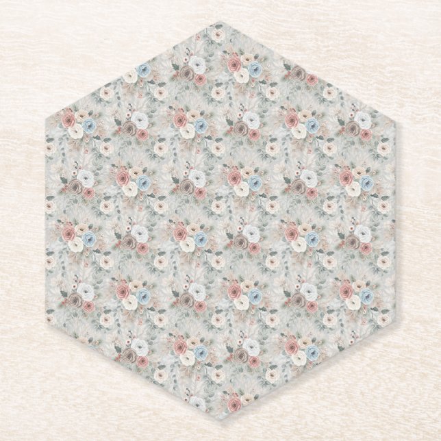 Cozy Winter Floral Pattern Paper Coaster (Front)
