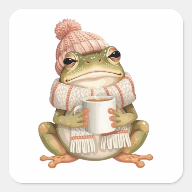 Cozy Winter Frog & Coffee Aesthetic Square Sticker (Front)