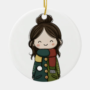 Cozy Winter Girl - Pom‑Pom Pocket Coat Ceramic Ornament