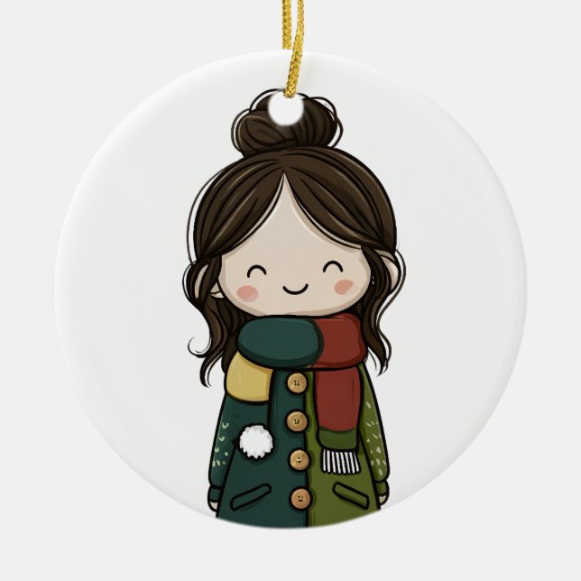 Cozy Winter Girl - Pom‑Pom Pocket Coat Ceramic Ornament (Front)