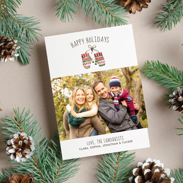 Cozy Winter Mittens Happy Holidays Family Photo Holiday Card (Creator Uploaded)