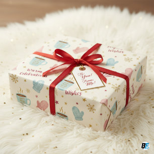 Cozy Winter Mug Mitten Pattern "Happy New Year" Wrapping Paper Sheet