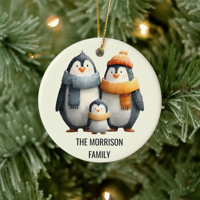 Cozy Winter Penguin Family Ceramic Ornament (Tree)