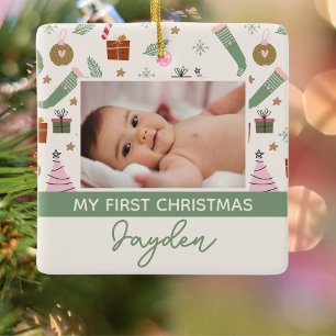 Cozy Winter Pink Green First Christmas Photo   Ceramic Ornament