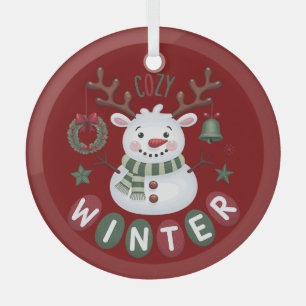 COZY WINTER - REINDEER SNOWMAN - RED GLASS TREE DECORATION