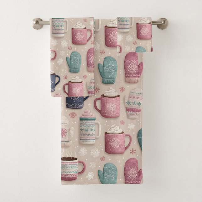 Cozy Winter Seamless Pattern with Knitted Mittens  Bath Towel Set (Insitu)