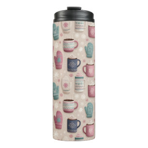 Cozy Winter Seamless Pattern with Knitted Mittens Thermal Tumbler