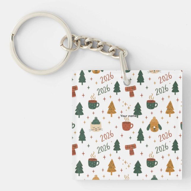 Cozy Winter Vibes 2026 - Cute Puppy and Kitten Chr Key Ring (Front)