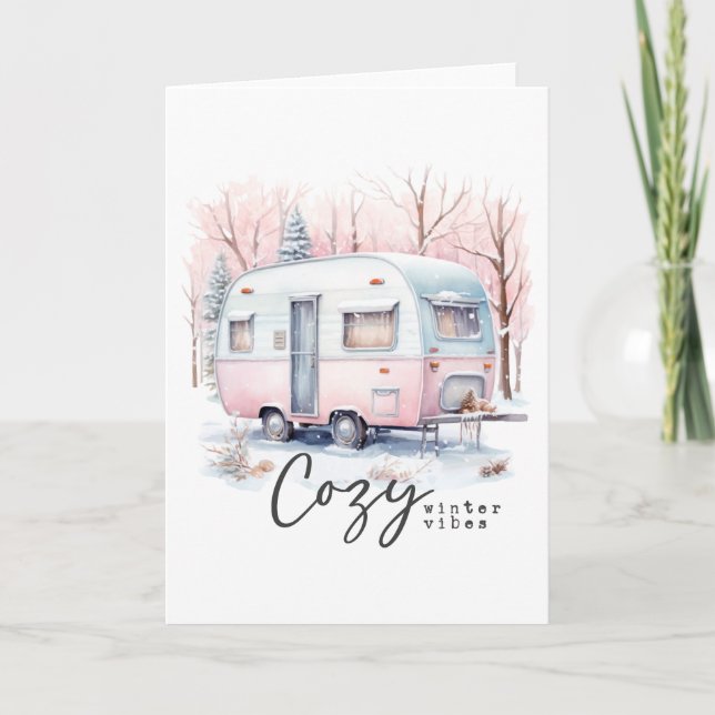 Cozy Winter Vibes, Vintage Camper Holiday Card (Front)