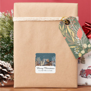Cozy Winter Village at Night with Falling Snow Square Sticker