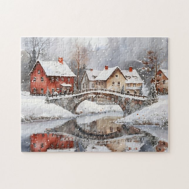Cozy Winter Village Bridge Watercolor Christmas Jigsaw Puzzle (Horizontal)