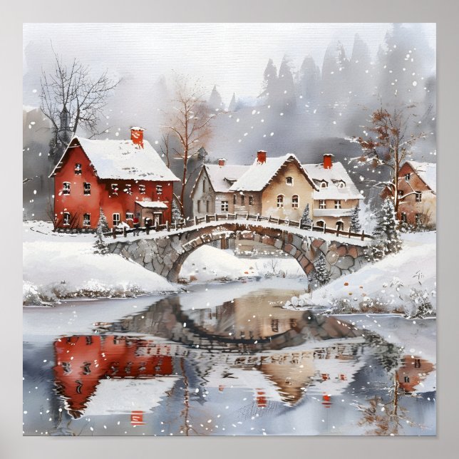 Cozy Winter Village Bridge Watercolor Christmas Poster (Front)