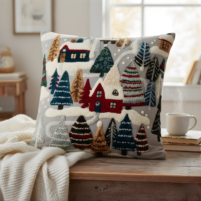Cozy Winter Village & Forest Textured Art Style Cushion (Creator Uploaded)