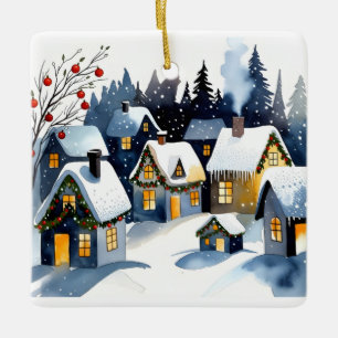 Cozy Winter Village Watercolor Christmas Square Ceramic Ornament