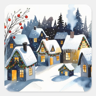Cozy Winter Village Watercolor Christmas Square Sticker
