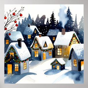 Cozy Winter Village Watercolor Christmas Wall Art