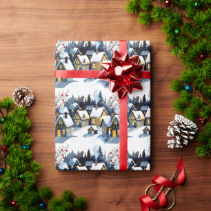 Cozy Winter Village Watercolor Christmas Wrapping Paper
