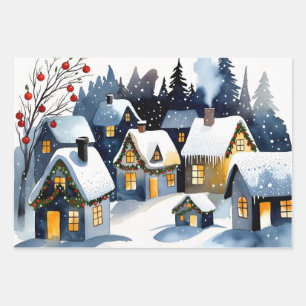 Cozy Winter Village Watercolor Christmas Wrapping Paper Sheet