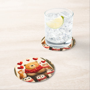 Cozy Woodland Bear Owl Family Winter Love Round Paper Coaster