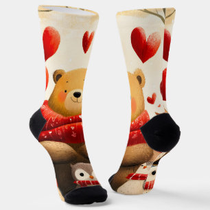 Cozy Woodland Bear Owl Family Winter Love Socks