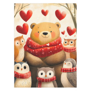 Cozy Woodland Bear Owl Family Winter Love Tablecloth