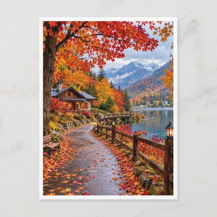 Cozy Woodland Cabin Among Autumn Leaves Fall Retre Holiday Postcard