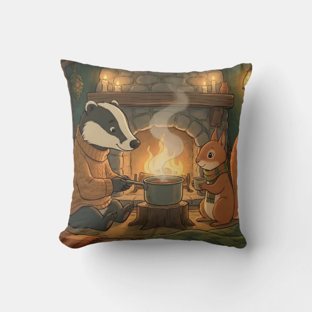 Cozy Woodland Campfire Animals Throw Pillow (Front)
