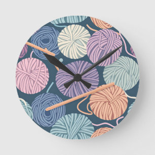 Cozy Yarn Balls and Knitting Needles Seamless  Round Clock