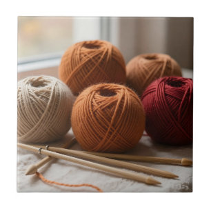 Cozy Yarn Balls Knitting Autumn Tones Ceramic Tile