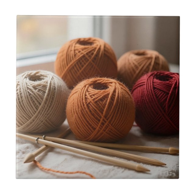 Cozy Yarn Balls Knitting Autumn Tones Ceramic Tile (Front)