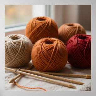 Cozy Yarn Balls Knitting Autumn Tones Poster